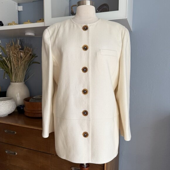 Vintage 80’s Louis Feraud 2 Pc Ivory Wool Jacket & Skirt Suit Size 10 - Picture 2 of 10
